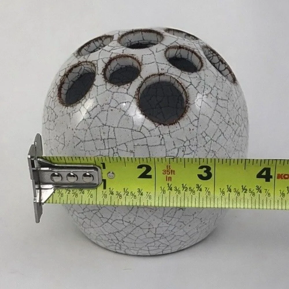 Signed Studio Pottery Crackle Glaze Flower Frog Gray Spherical Ikebana